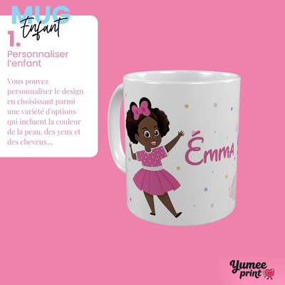 Étape 1 : personnalisez l'enfant du mug en choisissant le modèle, la couleur de peau, la coiffure, la couleur des cheveux et des yeux, puis le nœud