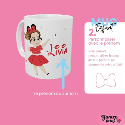Étape 2 : ajoutez le prénom ou le surnom de votre enfant, imprimé en grand à côté de son personnage sur le mug en céramique blanche