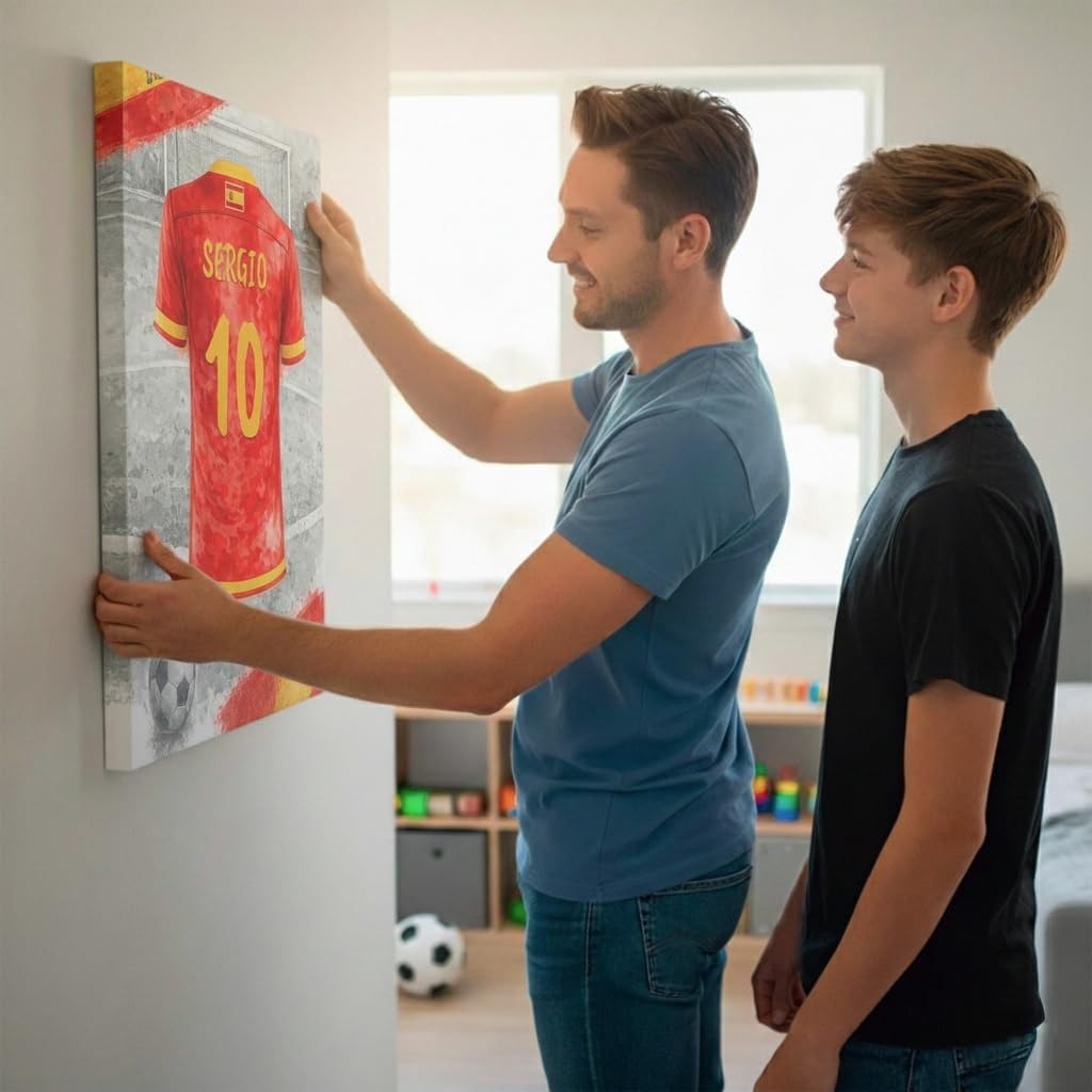 Accrochage au mur d'une toile canvas au maillot de l'Espagne personnalisé : nom floqué en capitales et numéro, rendu aquarelle aux couleurs du pays, livrée (exemple)