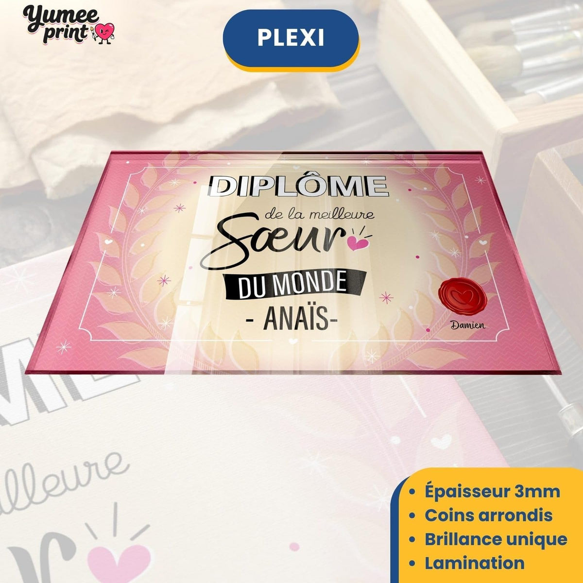 Diplôme « de la meilleure sœur du monde » sur plexiglas de 3 mm aux coins arrondis, finition brillante, avec son prénom et votre signature, livré chez vous (exemple)