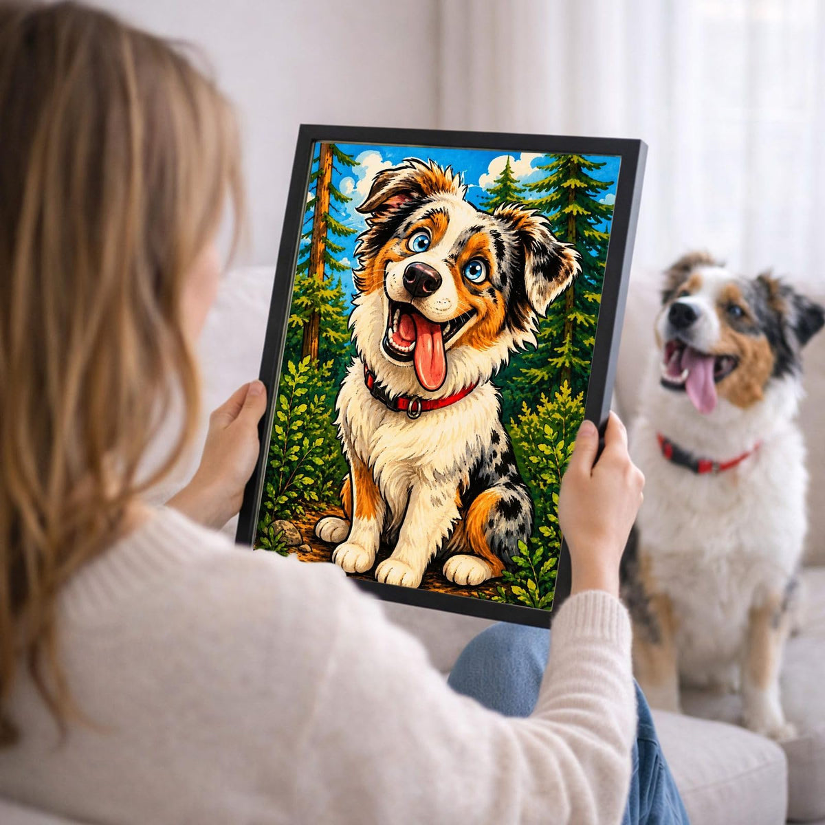 Votre photo devient un portrait caricature couleur, ici en cadre noir tenu en main ; cadre noir, blanc, bois clair ou bois foncé au choix, livré chez vous (exemple)