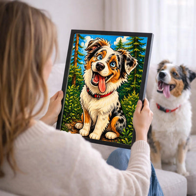 Votre photo devient un portrait caricature couleur, ici en cadre noir tenu en main ; cadre noir, blanc, bois clair ou bois foncé au choix, livré chez vous (exemple)