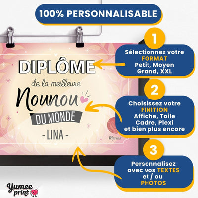 Personnalisez le diplôme « de la meilleure nounou » en trois étapes : format, finition puis textes, avec son prénom et votre signature, imprimé et livré chez vous (exemple)