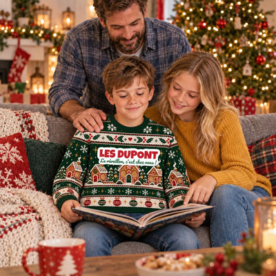Sweat de Noël moche garçon personnalisé, nom de famille, vert sapin