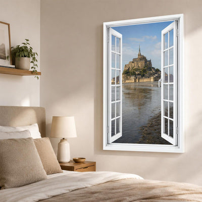 Trompe-l'œil sur le Mont-Saint-Michel dans une chambre, abbaye et baie en perspective, sur toile canvas ou plexiglas en 60 x 40 cm, 80 x 60 cm ou 120 x 80 cm, livré chez vous (exemple)