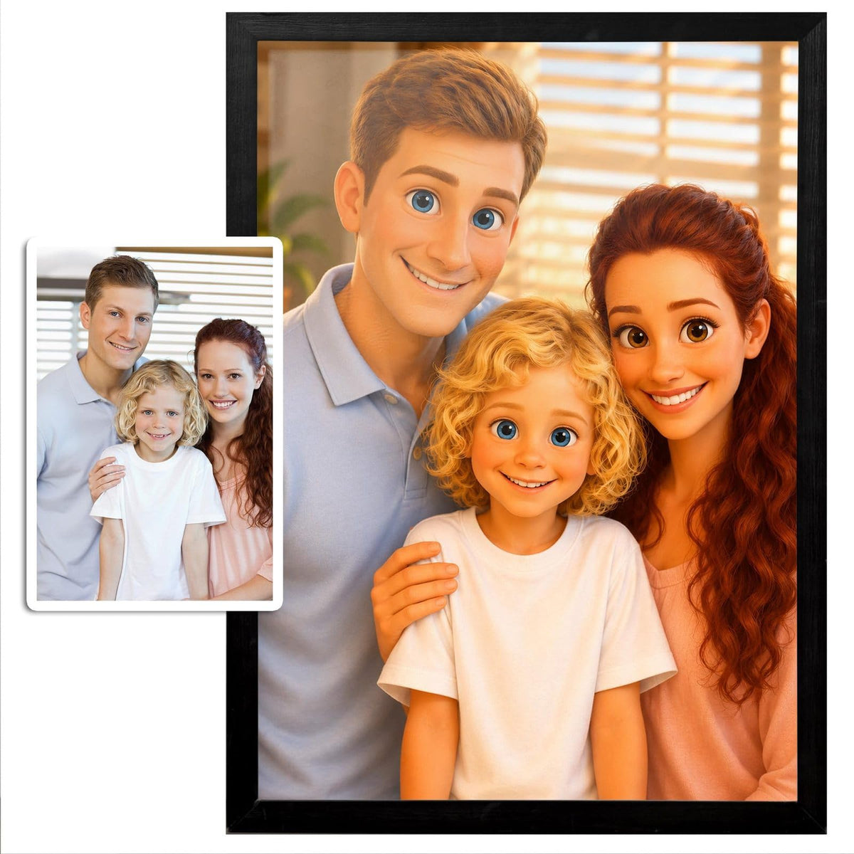 Portrait façon film d'animation 3D d'après votre photo, traits doux et regard brillant, présenté en cadre noir à côté de la photo d'origine, livré chez vous (exemple)
