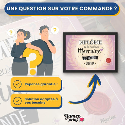 Une question sur votre diplôme « de la meilleure marraine » ? Notre service client vous répond par message avec une solution garantie, adaptée à vos besoins