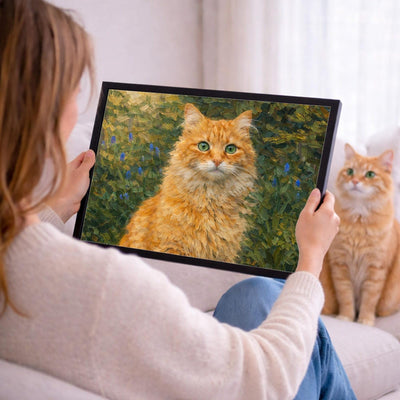 Votre photo devient un portrait façon peinture à l'huile en format paysage, ici en cadre noir tenu en main ; cadre noir, blanc, bois clair ou bois foncé au choix, livré chez vous (exemple)