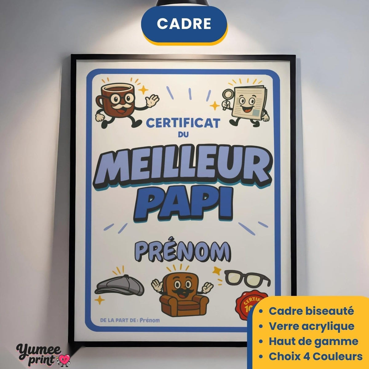 Certificat du meilleur papi en cadre noir avec verre acrylique, éclairé au mur ; cadre aussi en blanc, bois clair ou bois foncé, livré chez vous (exemple)
