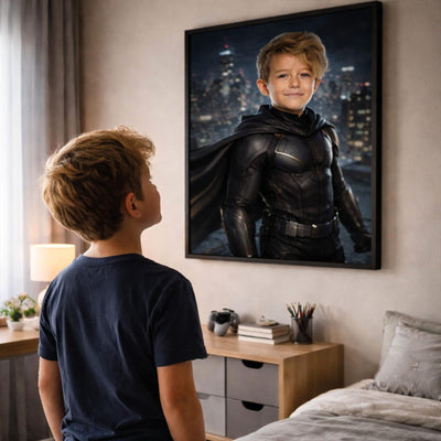 Création personnalisée : votre enfant en héros de la nuit d'après sa photo, son visage gardé, tenue noire et cape, accrochée dans une chambre, imprimée et livrée chez vous (exemple)