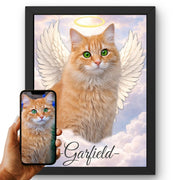 Portrait hommage de votre chat d'après sa photo, ailes d'ange et nuages, en couleur, ciel pastel et auréole dorée, son prénom écrit dessous, en cadre noir, livré chez vous (exemple)