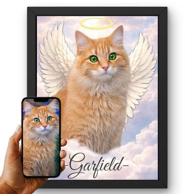 Portrait hommage de votre chat d'après sa photo, ailes d'ange et nuages, en couleur, ciel pastel et auréole dorée, son prénom écrit dessous, en cadre noir, livré chez vous (exemple)