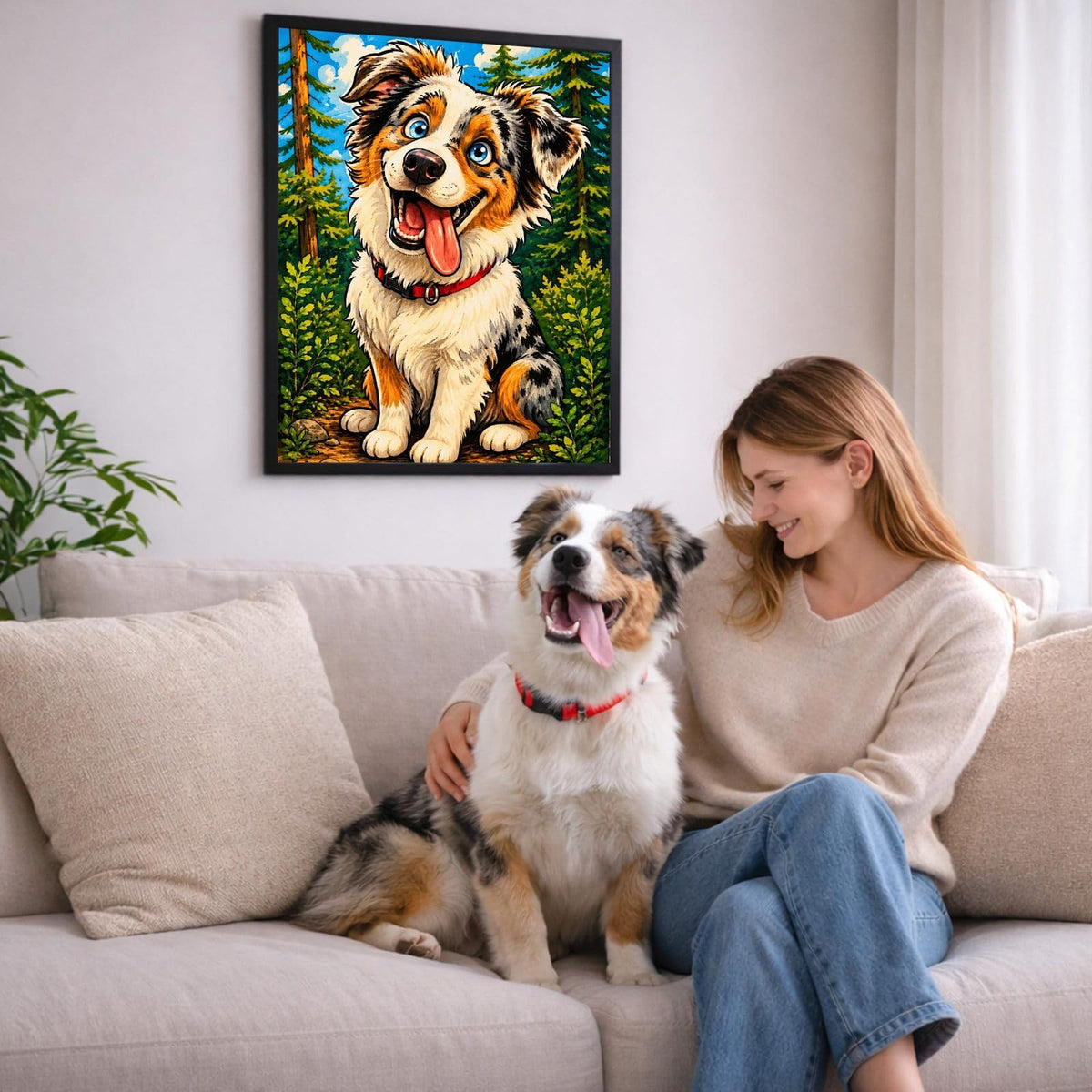 Portrait caricature couleur de votre chien d'après sa photo, accroché au salon en cadre noir ; aussi en affiche (poster), toile canvas ou plexiglas, livré chez vous (exemple)