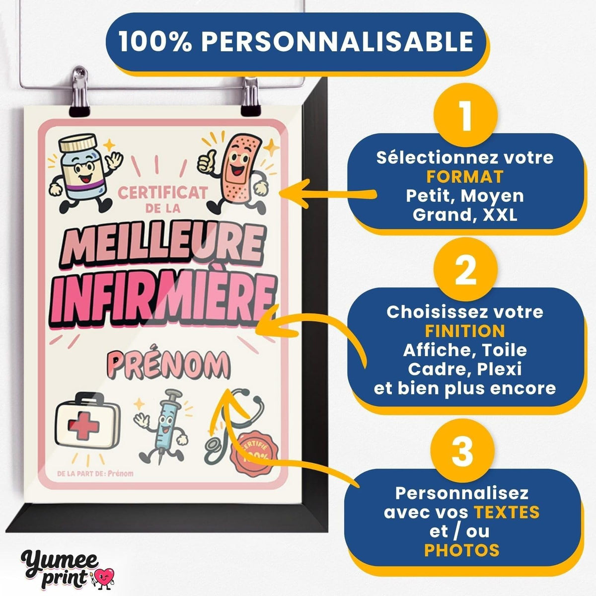 Personnalisez le certificat de la meilleure infirmière en trois étapes : format, finition puis textes, avec son prénom et votre signature, imprimé et livré chez vous (exemple)