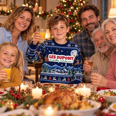 Sweat de Noël moche garçon personnalisé, nom de famille, bleu marine