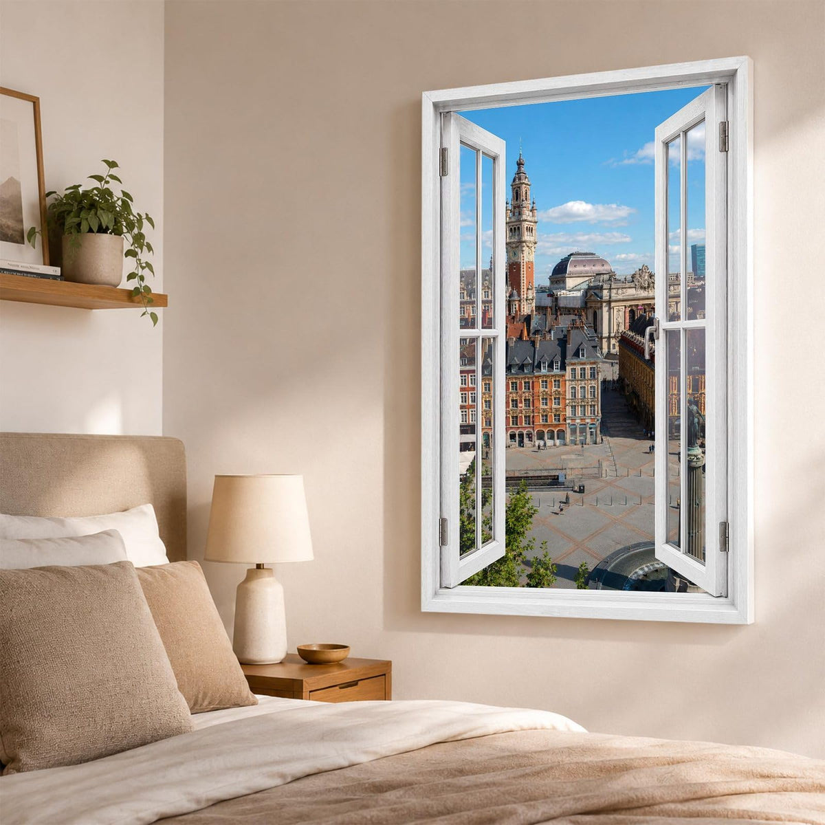 Trompe-l'œil sur Lille dans une chambre, beffroi et Grand'Place en perspective, sur toile canvas ou plexiglas en 60 x 40 cm, 80 x 60 cm ou 120 x 80 cm, livré chez vous (exemple)