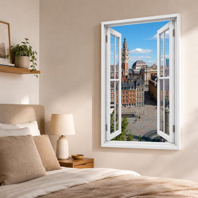 Trompe-l'œil sur Lille dans une chambre, beffroi et Grand'Place en perspective, sur toile canvas ou plexiglas en 60 x 40 cm, 80 x 60 cm ou 120 x 80 cm, livré chez vous (exemple)