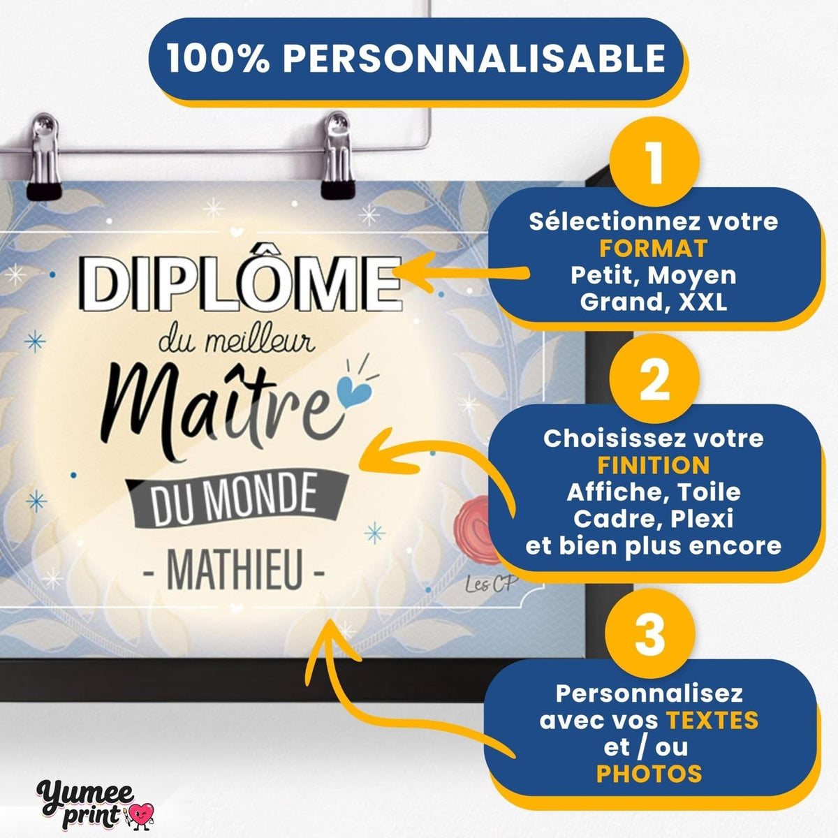 Personnalisez le diplôme « du meilleur maître » en trois étapes : format, finition puis textes, avec son prénom et votre signature, imprimé et livré chez vous (exemple)