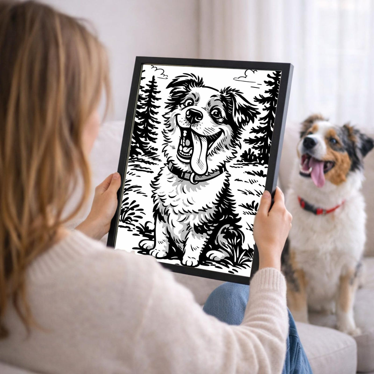 Votre photo devient un portrait caricature noir et blanc, ici en cadre noir tenu en main ; cadre noir, blanc, bois clair ou bois foncé au choix, livré chez vous (exemple)