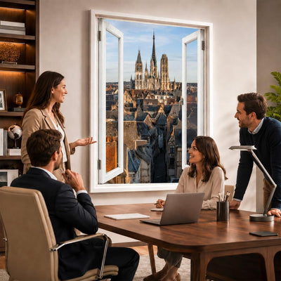 Idée d'usage dans un bureau : la vue sur Rouen ouvre le mur comme une vraie fenêtre, style de fenêtre au choix, toile canvas ou plexiglas, livré chez vous (exemple)