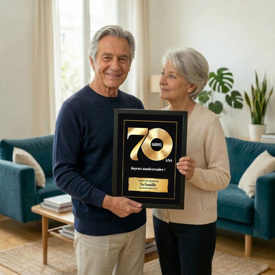 Exemple d'usage : le disque d'or des 70 ans en cadre noir montré fièrement, avec prénom, signature et message de votre choix, livré chez vous (exemple)