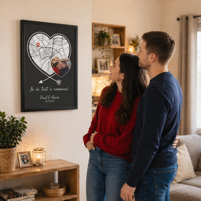 Carte en cœur sur fond noir avec votre photo, accrochée au mur en cadre noir : votre lieu marqué d'une épingle, vos prénoms et votre date, livrés chez vous (exemple)