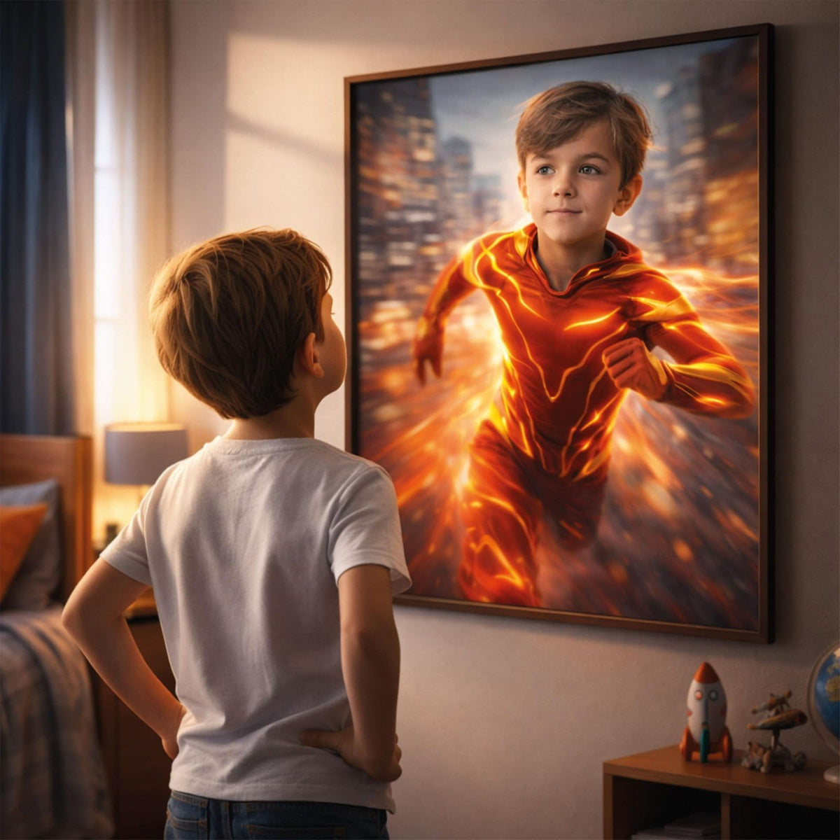 Création personnalisée : votre enfant en héros de la vitesse d'après sa photo, son visage gardé, combinaison rouge à éclairs, en cadre bois foncé dans une chambre, livrée chez vous (exemple)