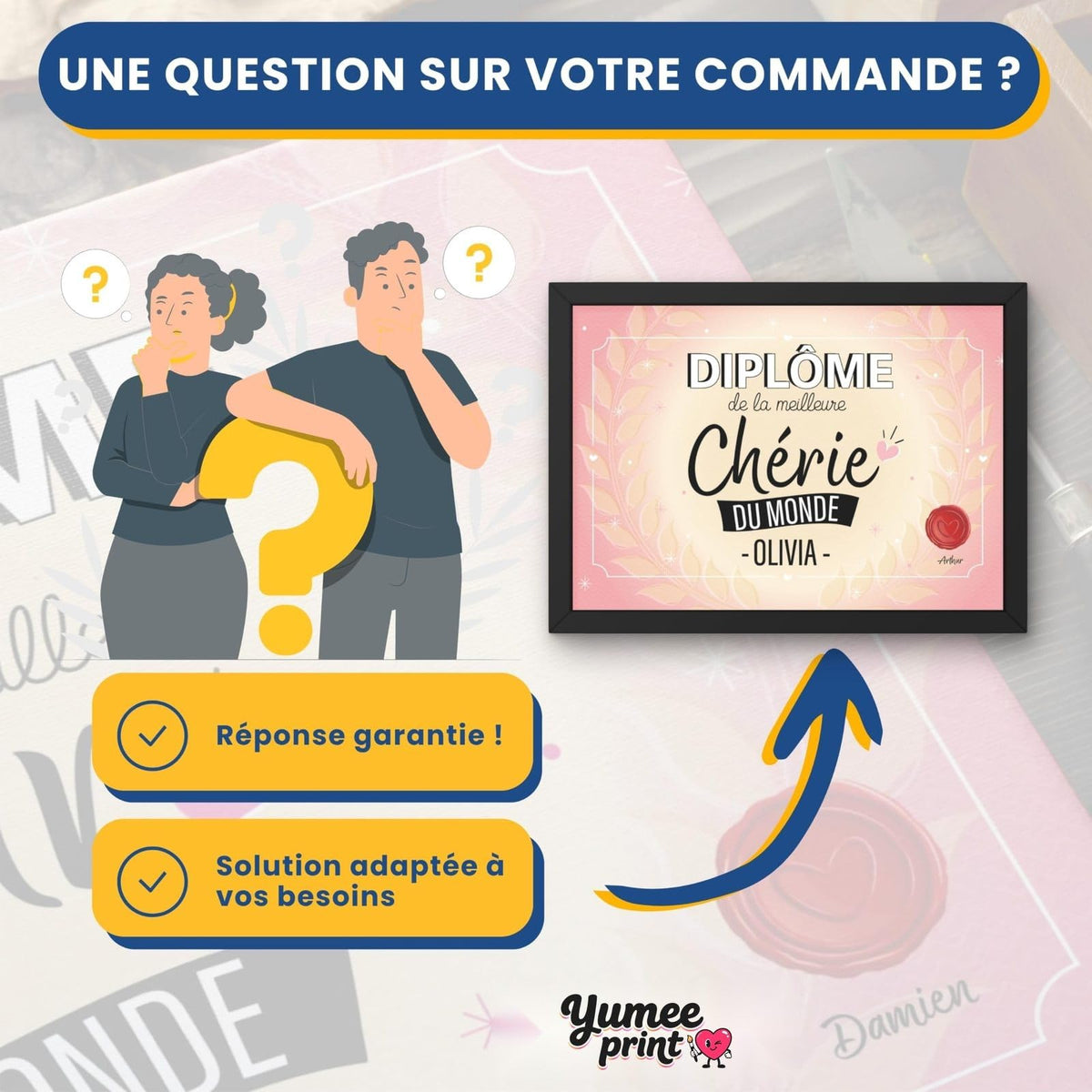 Une question sur votre diplôme « de la meilleure chérie » ? Notre service client vous répond par message avec une solution garantie, adaptée à vos besoins