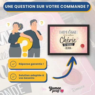 Une question sur votre diplôme « de la meilleure chérie » ? Notre service client vous répond par message avec une solution garantie, adaptée à vos besoins