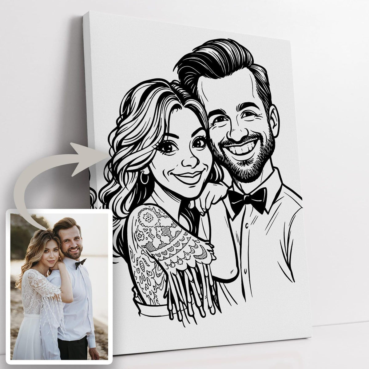 Création personnalisée : votre photo devient une caricature en noir et blanc façon caricaturiste de rue, trait d'encre et contours épais, imprimée sur toile canvas puis livrée chez vous (exemple)