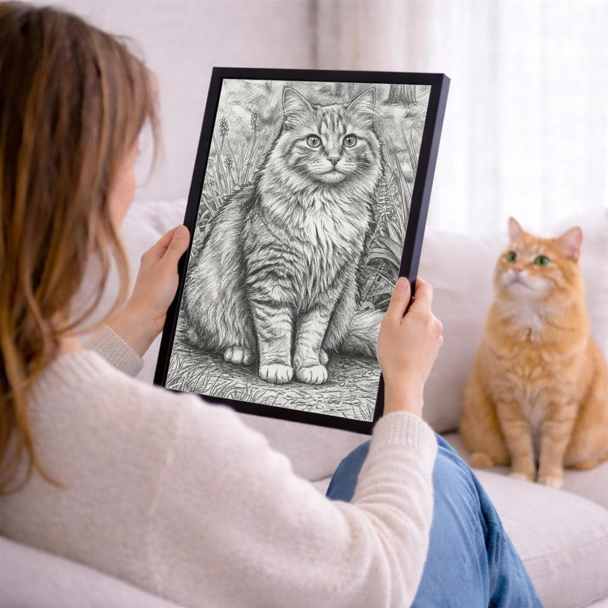 Votre photo devient un portrait au crayon gris, ici en cadre noir tenu en main ; cadre noir, blanc, bois clair ou bois foncé au choix, livré chez vous (exemple)