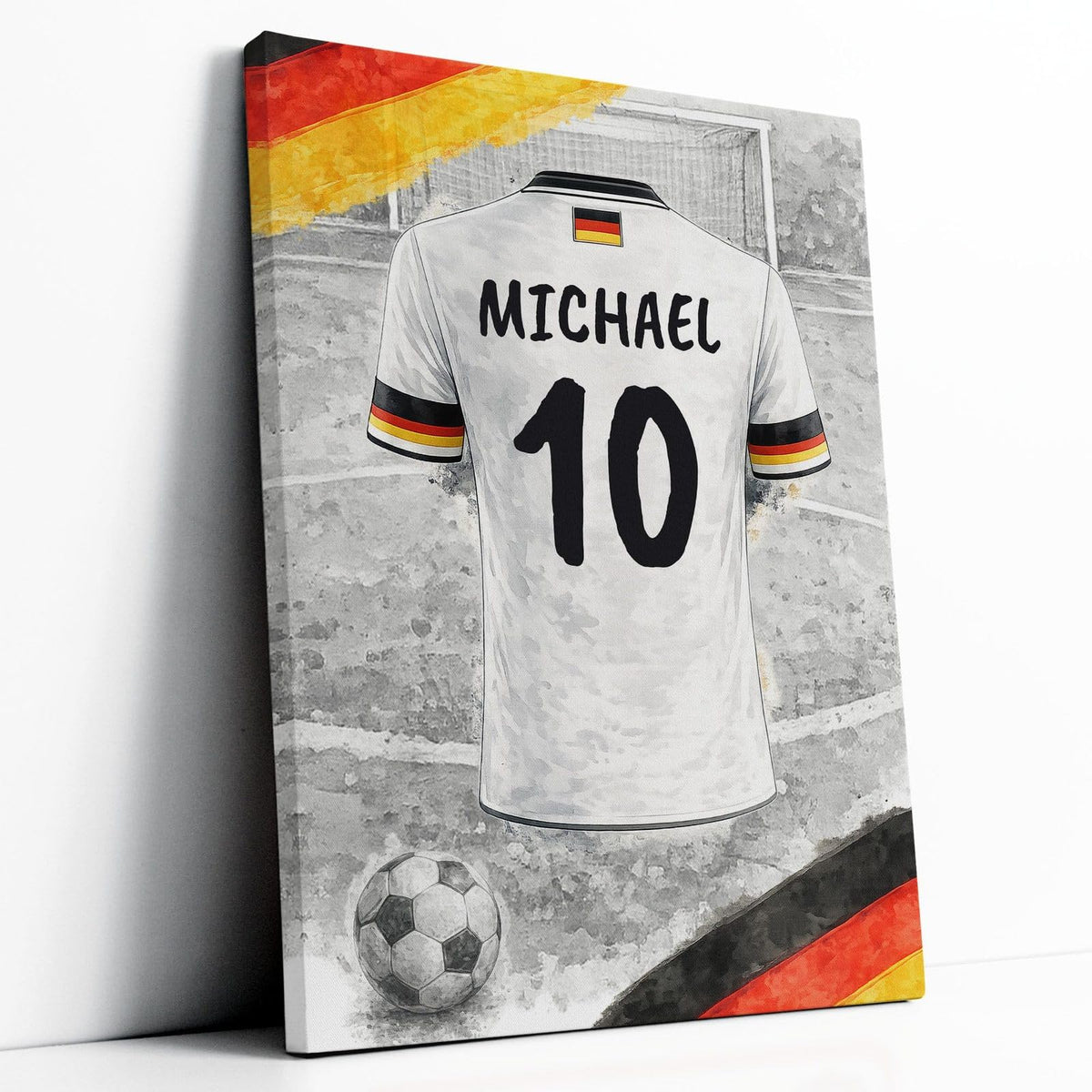 Maillot de foot de l'Allemagne personnalisé, blanc aux bandes noir, rouge et or, façon aquarelle sur stade en noir et blanc : nom au dos et numéro, sur toile canvas tendue, livré chez vous (exemple)