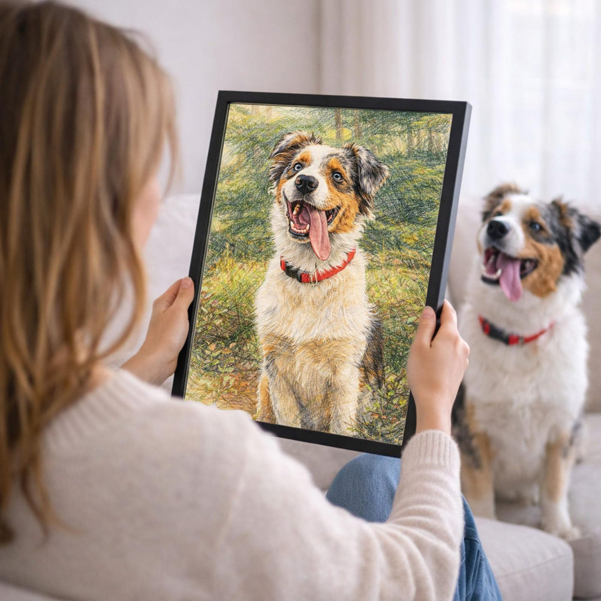 Votre photo devient un portrait au crayon de couleur, ici en cadre noir tenu en main ; cadre noir, blanc, bois clair ou bois foncé au choix, livré chez vous (exemple)