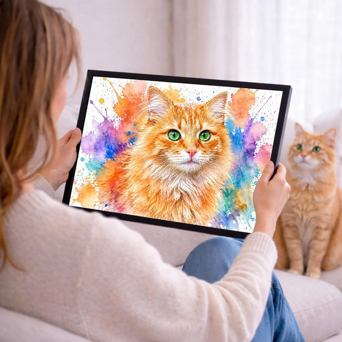 Votre photo devient un portrait éclats de couleurs en format paysage, ici en cadre noir tenu en main ; cadre noir, blanc, bois clair ou bois foncé au choix, livré chez vous (exemple)