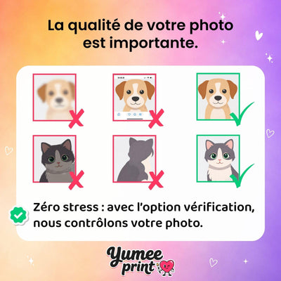 Votre animal : photo nette, de face et éclairée, ni floue, ni coupée, ni de dos, ni capture d'écran ; avec l'option contrôle et/ou amélioration HD de la photo, nous la vérifions