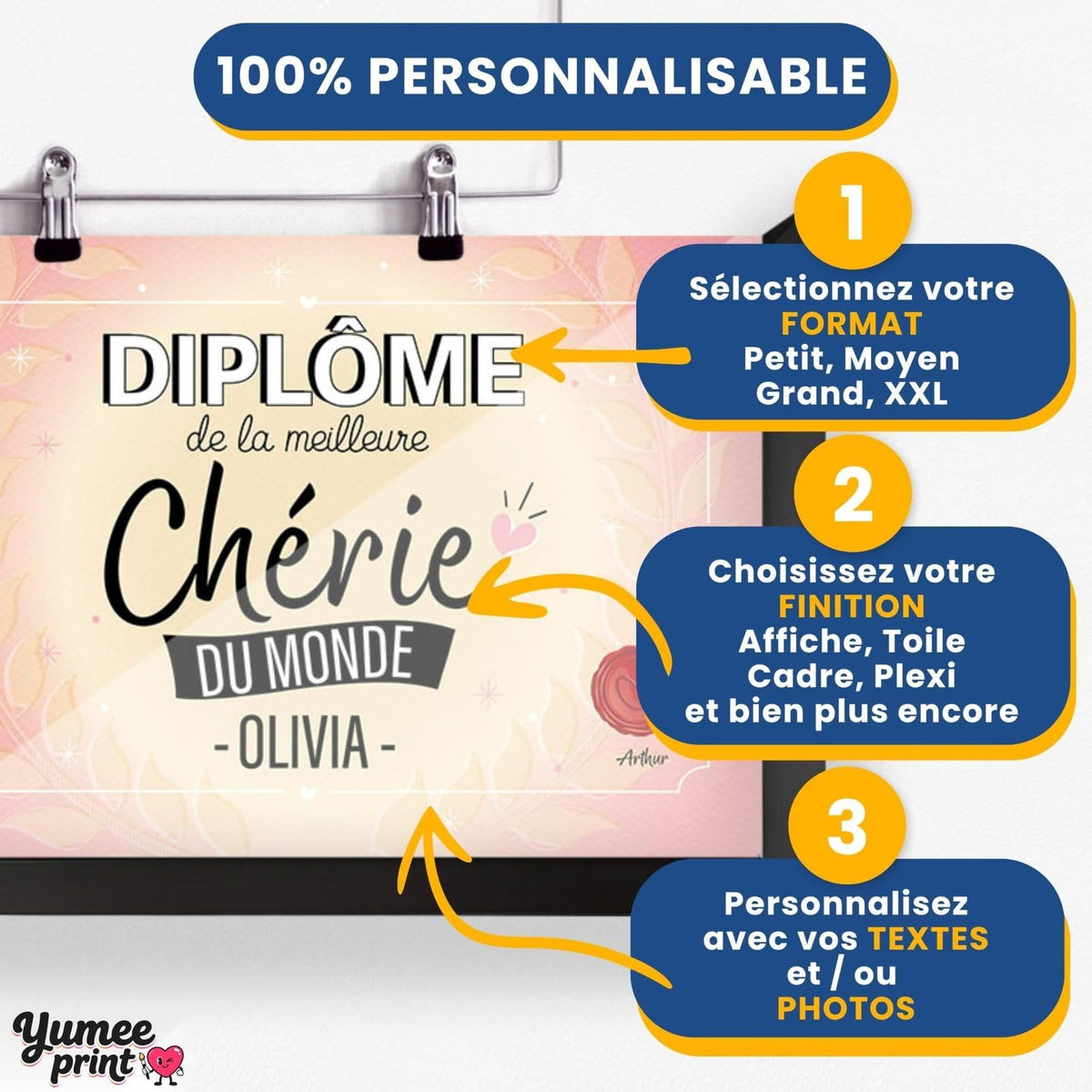 Personnalisez le diplôme « de la meilleure chérie » en trois étapes : format, finition puis textes, avec son prénom et votre signature, imprimé et livré chez vous (exemple)