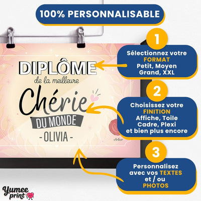 Personnalisez le diplôme « de la meilleure chérie » en trois étapes : format, finition puis textes, avec son prénom et votre signature, imprimé et livré chez vous (exemple)