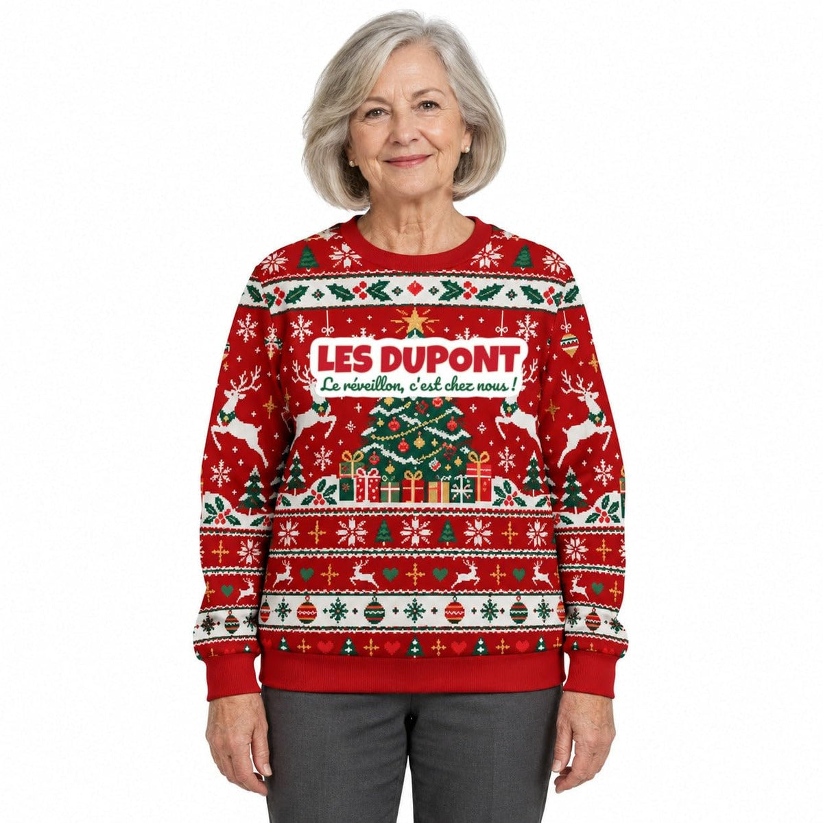 Sweat de Noël moche femme personnalisé, nom de famille, rouge