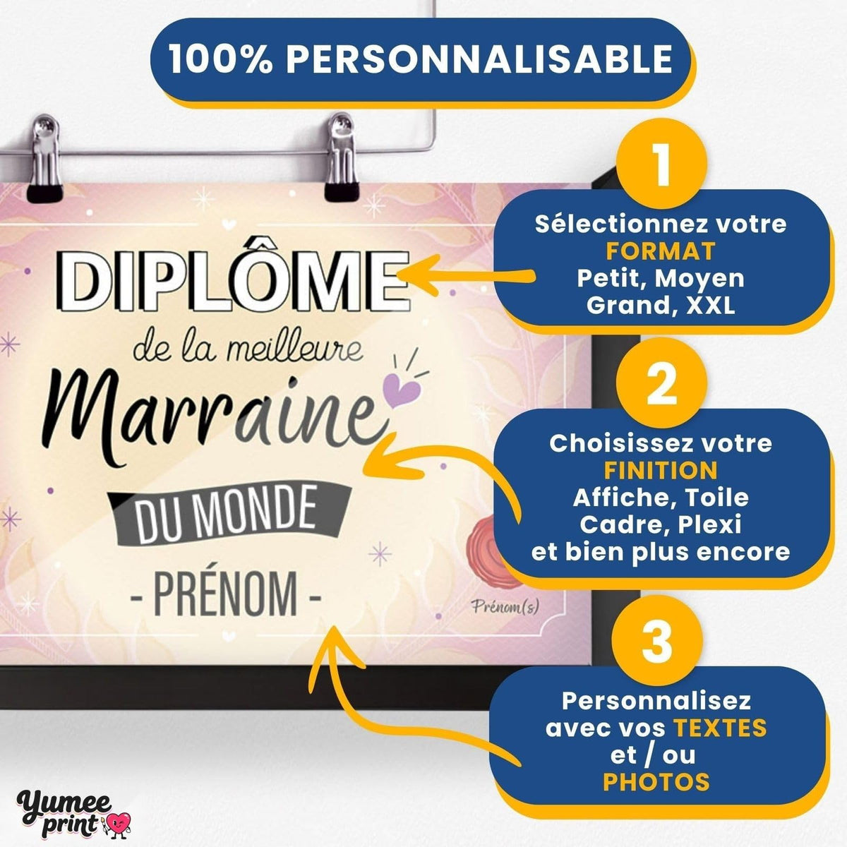 Personnalisez le diplôme « de la meilleure marraine » en trois étapes : format, finition puis textes, avec son prénom et votre signature, imprimé et livré chez vous (exemple)