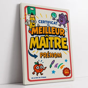 Diplôme humoristique « certificat du meilleur maître » à son prénom, style rétro à mascottes (crayon, cartable et pomme), bordure rouge, sur toile canvas, livré chez vous (exemple)