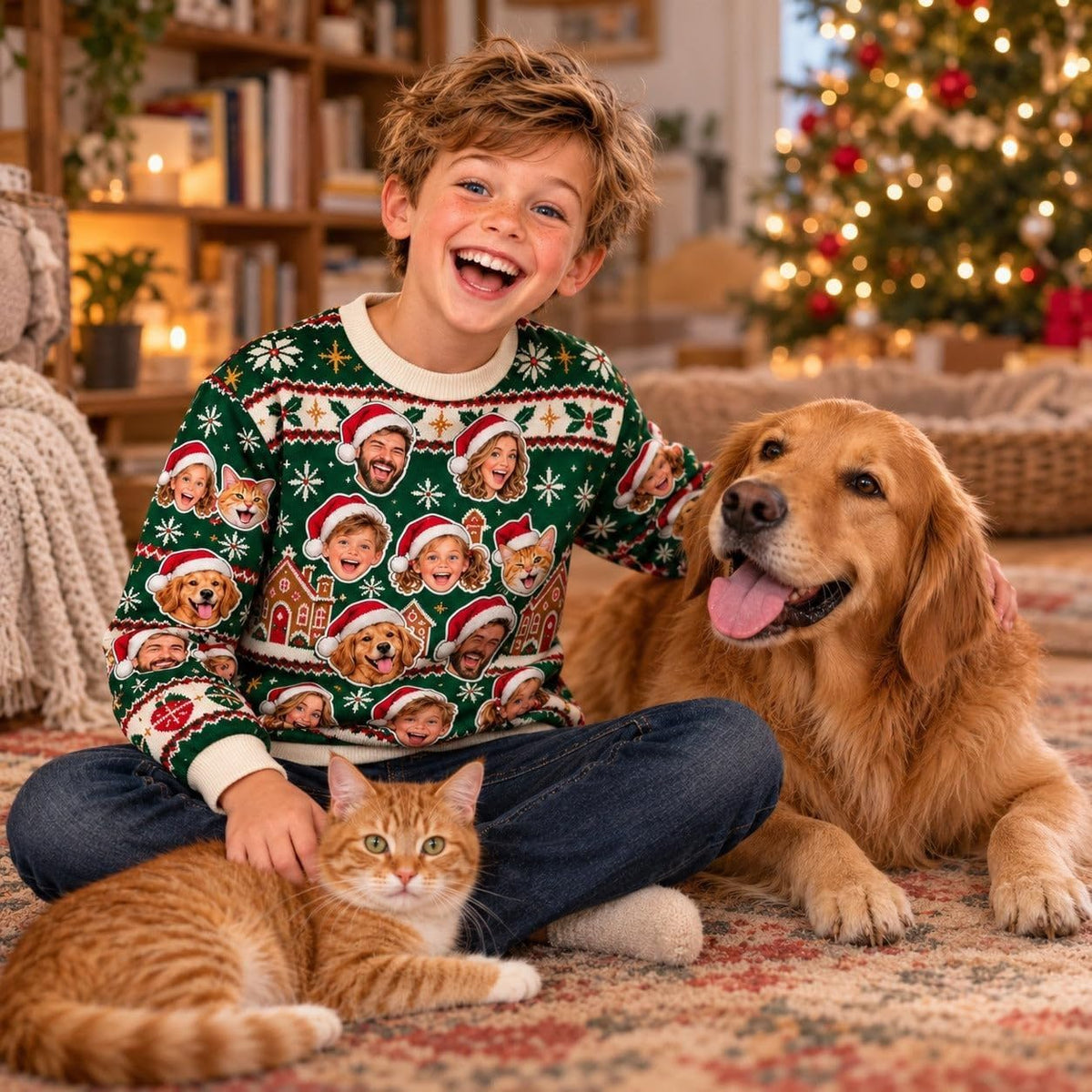 Sweat de Noël enfant vert sapin porté avec un chien et un chat : les animaux de la maison peuvent aussi y figurer, une photo par visage, imprimé et livré chez vous (exemple)