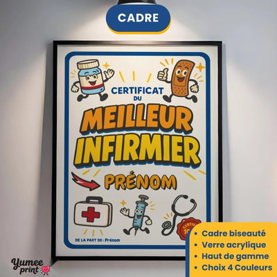 Certificat du meilleur infirmier en cadre noir avec verre acrylique, éclairé au mur ; cadre aussi en blanc, bois clair ou bois foncé, livré chez vous (exemple)