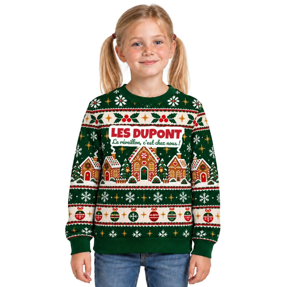 Sweat de Noël moche fille personnalisé, nom de famille, vert sapin