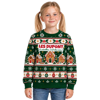 Sweat de Noël moche fille personnalisé, nom de famille, vert sapin