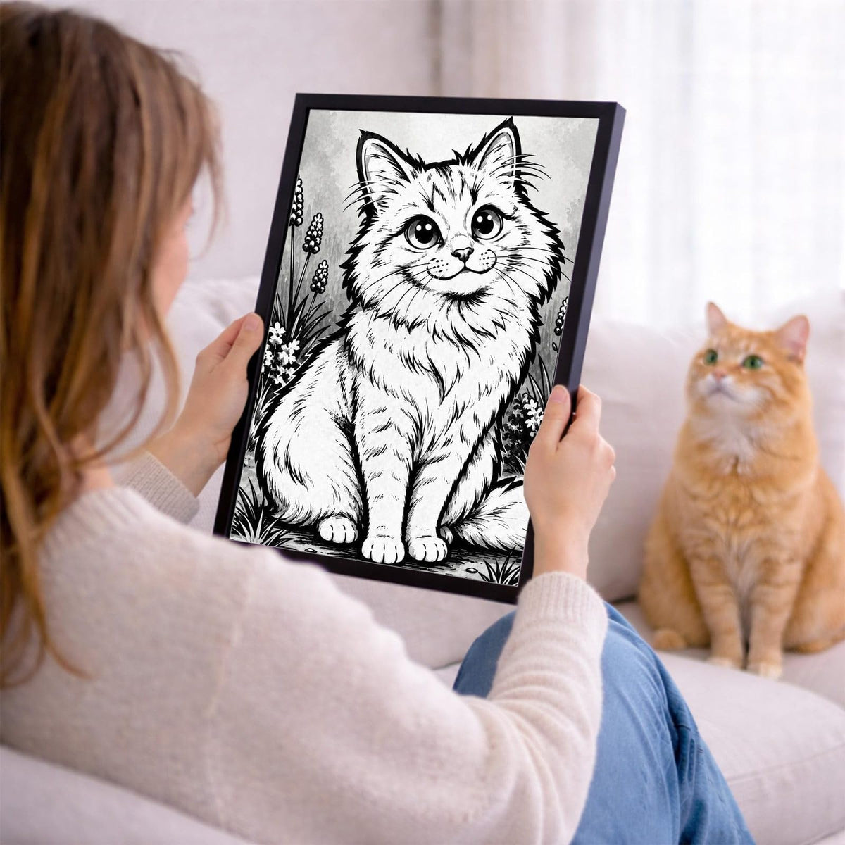 Votre photo devient un portrait caricature noir et blanc, ici en cadre noir tenu en main ; cadre noir, blanc, bois clair ou bois foncé au choix, livré chez vous (exemple)