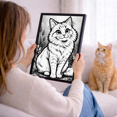 Votre photo devient un portrait caricature noir et blanc, ici en cadre noir tenu en main ; cadre noir, blanc, bois clair ou bois foncé au choix, livré chez vous (exemple)