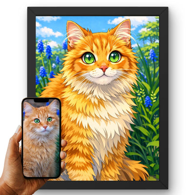 Création personnalisée : vous envoyez la photo de votre chat, elle devient un portrait style manga, grands yeux brillants, traits nets, imprimé en cadre noir puis livré chez vous (exemple)