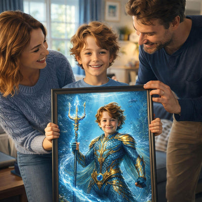Exemple d'usage possible : votre enfant en héros des océans d'après sa photo, son visage gardé, portrait offert en famille dans son cadre ; imprimé puis livré chez vous (exemple)