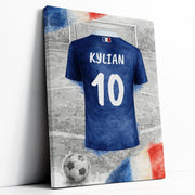 Maillot de foot de la France personnalisé, bleu, façon aquarelle sur stade en noir et blanc : nom au dos et numéro, sur toile canvas tendue, livré chez vous (exemple)