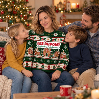 Sweat de Noël moche femme personnalisé, nom de famille, vert sapin